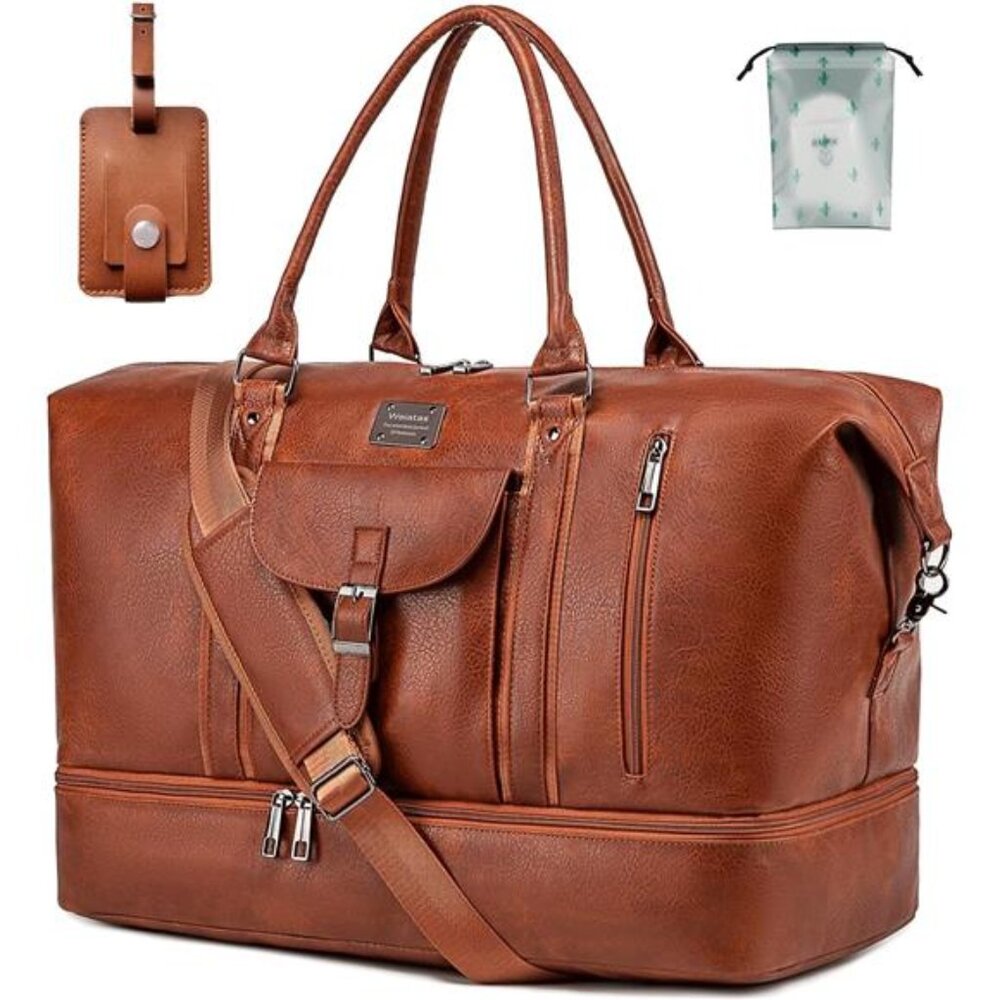 Faux Leather Travel Duffel Bag for Women Men, Large Weekender Overnight